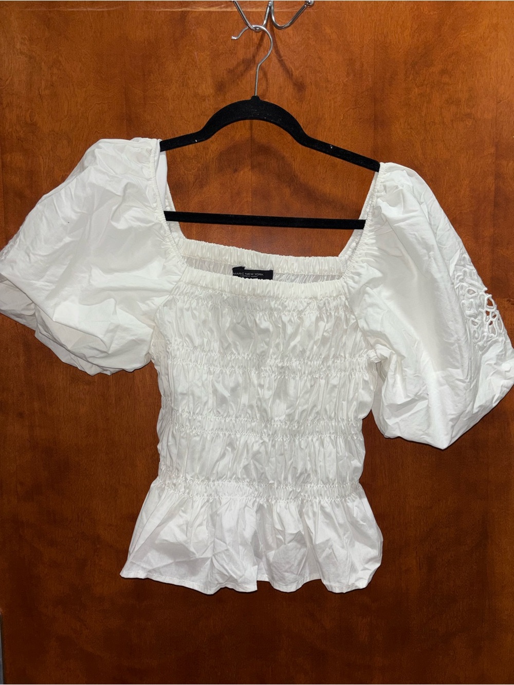 Marc New York White Smocked Puff Sleeve Blouse
